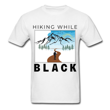 Load image into Gallery viewer, Hiking While Black Unisex T-Shirt, Hiker & Mountains - white