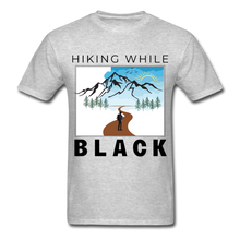Load image into Gallery viewer, Hiking While Black Unisex T-Shirt, Hiker & Mountains - heather gray