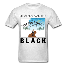Load image into Gallery viewer, Hiking While Black Unisex T-Shirt, Hiker & Mountains - light heather gray