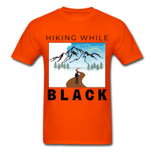 Load image into Gallery viewer, Hiking While Black Unisex T-Shirt, Hiker & Mountains - orange