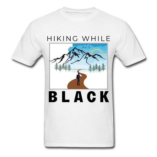 Hiking While Black Unisex T-Shirt, Hiker & Mountains - white