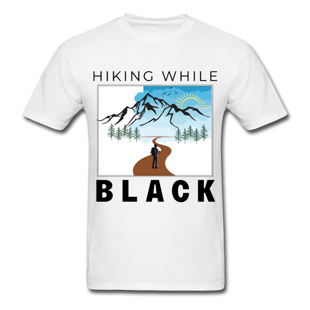 Hiking While Black Unisex T-Shirt, Hiker & Mountains - white