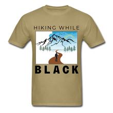 Load image into Gallery viewer, Hiking While Black Unisex T-Shirt, Hiker &amp; Mountains - khaki
