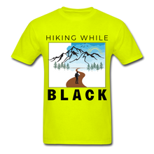 Load image into Gallery viewer, Hiking While Black Unisex T-Shirt, Hiker &amp; Mountains - safety green
